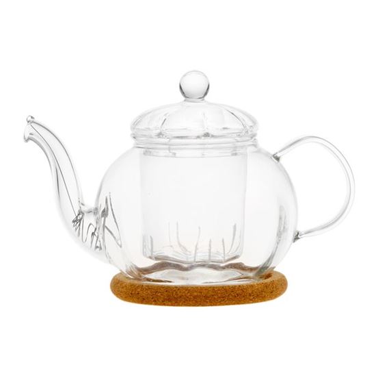 Изображение Чайник стеклянный "Фиалка" с заварочной колбой, с пробковой подставкой и фильтром в носике,350 мл., дно d70 мм.