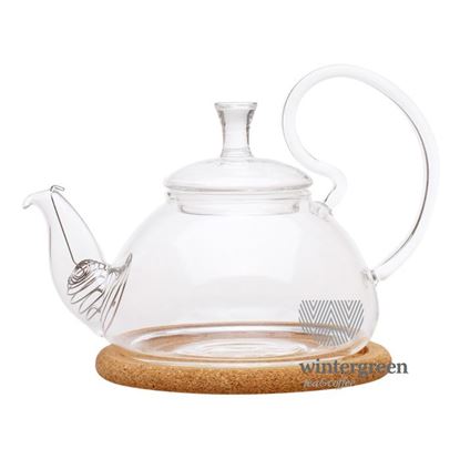 Изображение Чайник стеклянный "Георгин малый" с  пробковой подставкой и пружинкой- фильтром в носике, 400 мл., дно d85 мм.