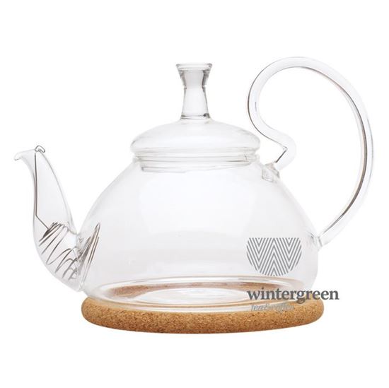 Изображение Чайник стеклянный "Георгин средний" с  пробковой подставкой и пружинкой- фильтром в носике, 600 мл., дно d95 мм.