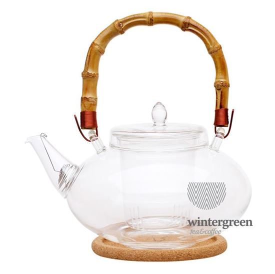 Изображение Чайник стеклянный "Душистая кувшинка" с заварочной колбой,пробковой подставкой, бамбуковой ручкой и пружинкой-фильтром в носике, 1 л., дно d80 мм.