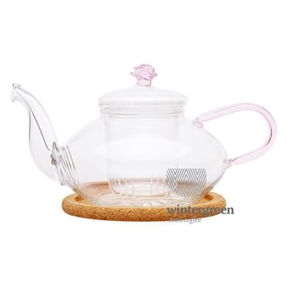 Изображение Чайник стеклянный "Миндаль низкий" с заварочной колбой,пробковой подставкой и пружинкой-фильтром в носике,450 мл., дно d70 мм.