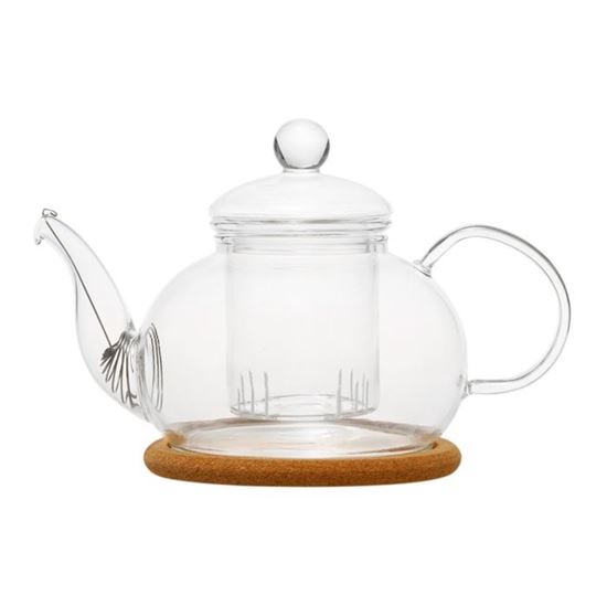 Изображение Чайник стеклянный "Орхидея" с заварочной колбой,пробковой подставкой и пружинкой-фильтром в носике.Объем 800 мл., дно d100 мм.