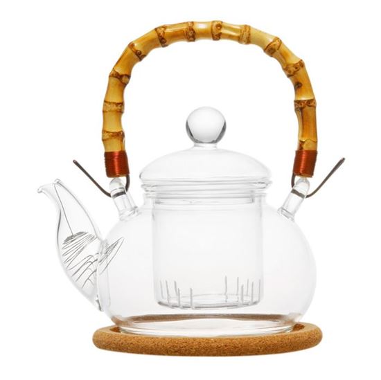 Изображение Чайник стеклянный "Мак" с  бамбуковой ручкой,заварочной колбой, пробковой подставкой и пружинкой- фильтром в носике,500 мл., дно d100 мм.