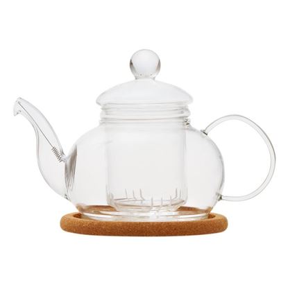 Изображение Чайник стеклянный "Лотос" с заварочной колбой, пробковой подставкой и пружинкой- фильтром в носике,объем 480 мл., дно d95 мм.