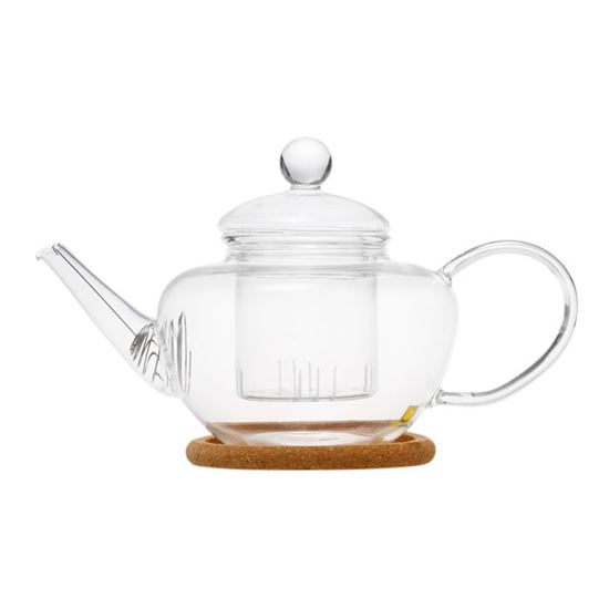 Изображение Чайник стеклянный "Фикус" с заварочной колбой, пробковой подставкой и пружинкой- фильтром в носике,500 мл., дно d65 мм.