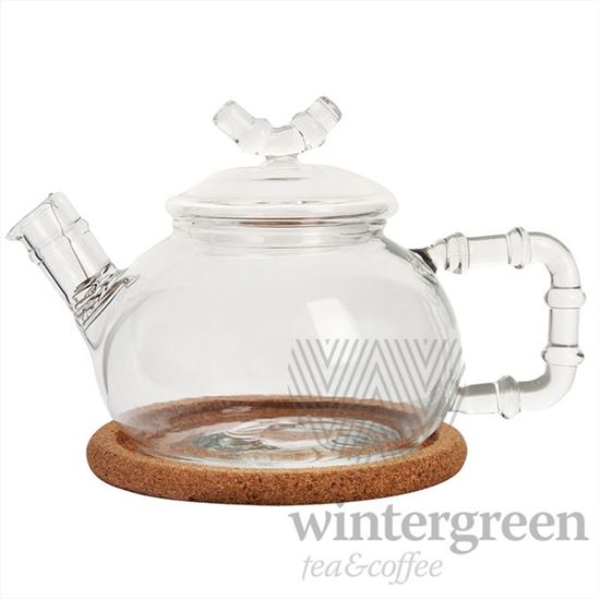 Изображение Чайник из жаропрочного стекла "Бамбук средний" с пружинкой-фильтром в носике и пробковой подставкой, 460 мл., дно d90 мм.